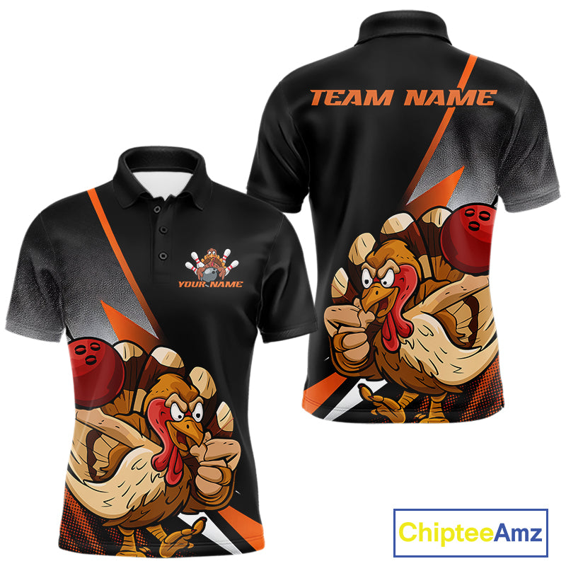 Custom Funny Orange Turkey Bowling Team Men Polo Shirts, Thanksgiving Bowling Shirt IPHW9783