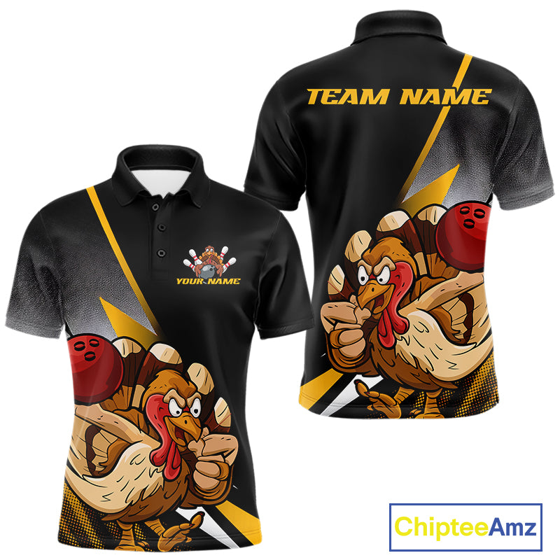 Custom Funny Yellow Turkey Bowling Team Men Polo Shirts, Thanksgiving Bowling Shirt IPHW9784