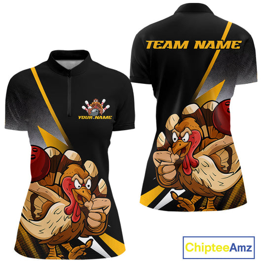 Custom Funny Yellow Turkey Bowling Women Quarter-Zip Shirts, Thanksgiving Bowling Shirt IPHW9784