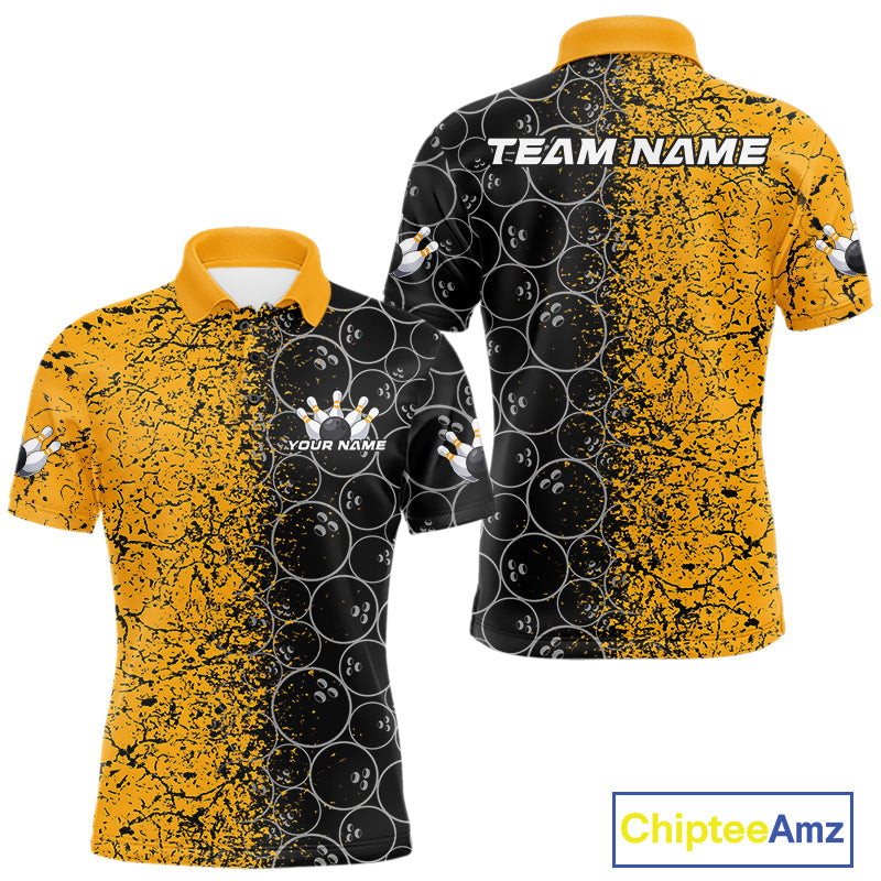 Custom Black And Yellow Splatter Bowling Ball Pattern Bowling Team Polo Shirts For Men IPHW9788