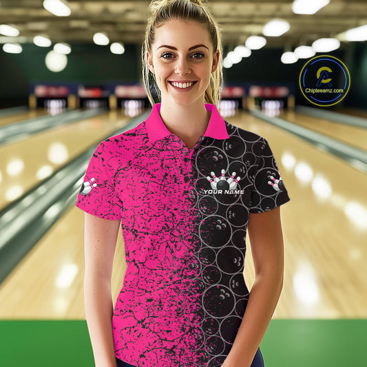 Custom Black And Pink Splatter Bowling Ball Pattern Bowling Team Polo Shirts For Women IPHW9789