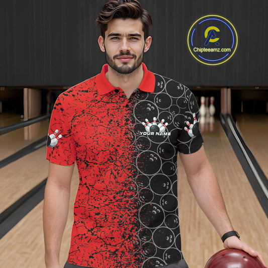 Custom Black And Red Splatter Bowling Ball Pattern Bowling Team Polo Shirts For Men IPHW9790