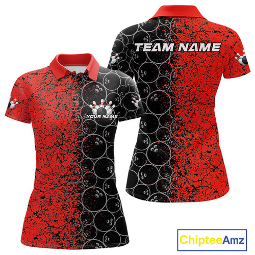 Custom Black And Red Splatter Bowling Ball Pattern Bowling Team Polo Shirts For Women IPHW9790