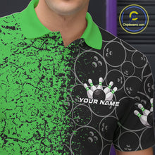 Load image into Gallery viewer, Custom Black And Green Splatter Bowling Ball Pattern Bowling Team Polo Shirts For Men IPHW9792