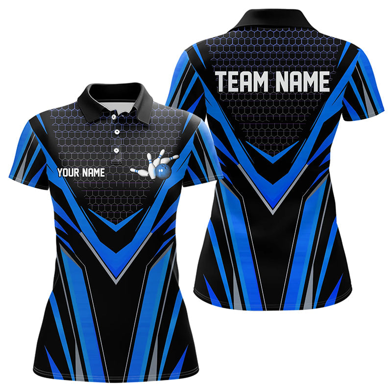 Custom Black And Blue Bowling Jerseys For Women, Bowling Team Uniform Polo Shirts IPHW8250
