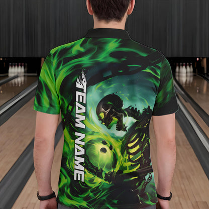 Custom Green Flame Skull Bowling Polo Shirts For Men, Bowling Tournament Bowling Team Shirt IPHW8467