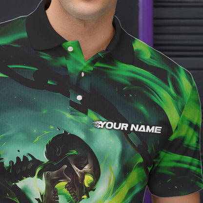 Custom Green Flame Skull Bowling Polo Shirts For Men, Bowling Tournament Bowling Team Shirt IPHW8467