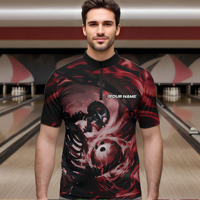 Custom Red Flame Skull Bowling Quarter-Zip Shirts For Men, Bowling Tournament Bowling Team Shirt IPHW8469