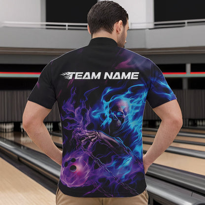 Custom Blue And Purple Flame Skull Bowling Quarter-Zip Shirts For Men, Fire Bowling Team Shirts IPHW8473