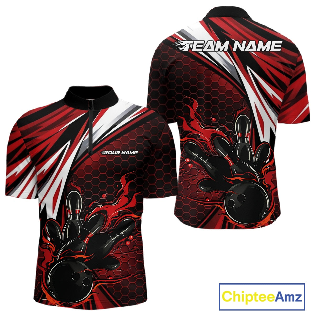 Custom Red Flame Bowling Jerseys For Men, Hexagon Bowling Team Tournament Shirt IPHW10556