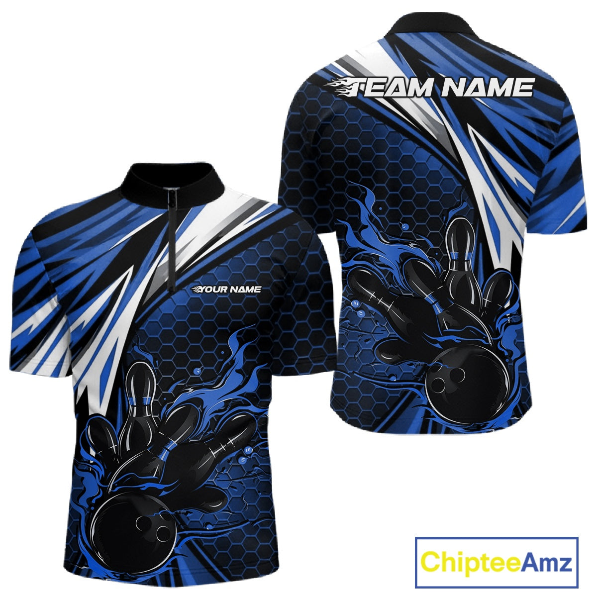 Custom Blue Flame Bowling Jerseys For Men, Hexagon Bowling Team Tournament Shirt IPHW10557