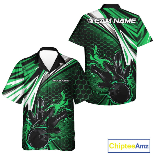 Custom Green Flame Bowling Jerseys For Men And Women, Hexagon Bowling Team Tournament Shirt IPHW10558