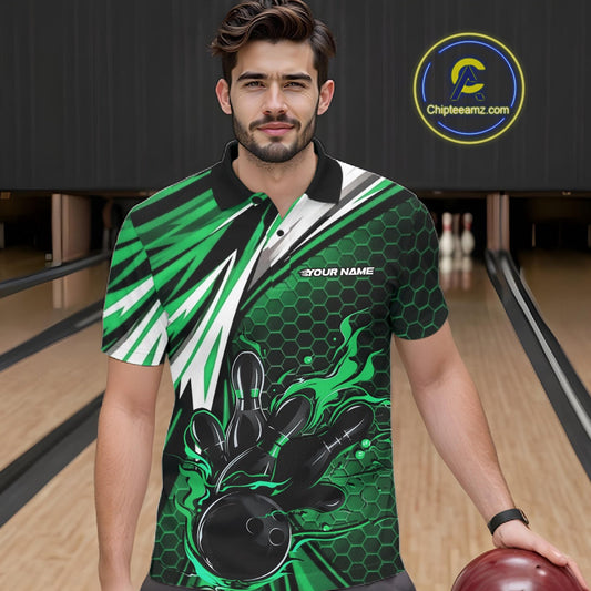 Custom Green Flame Bowling Jerseys For Men, Hexagon Bowling Team Tournament Shirt IPHW10558