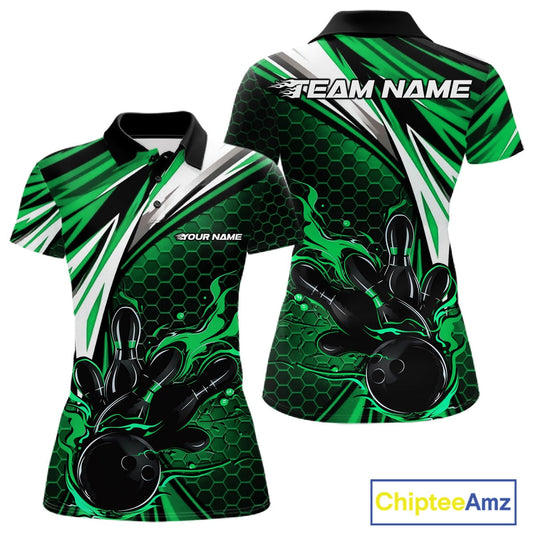 Custom Green Flame Bowling Jerseys For Women, Hexagon Bowling Team Tournament Shirt IPHW10558