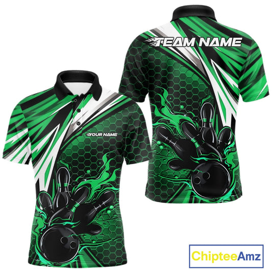 Custom Green Flame Bowling Jerseys For Men, Hexagon Bowling Team Tournament Shirt IPHW10558
