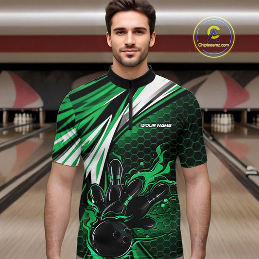 Custom Green Flame Bowling Jerseys For Men, Hexagon Bowling Team Tournament Shirt IPHW10558