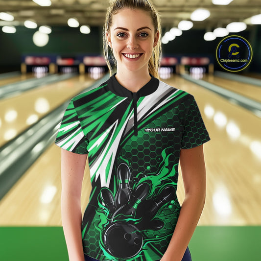 Custom Green Flame Bowling Jerseys For Women, Hexagon Bowling Team Tournament Shirt IPHW10558