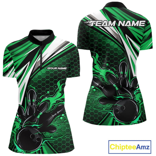 Custom Green Flame Bowling Jerseys For Women, Hexagon Bowling Team Tournament Shirt IPHW10558