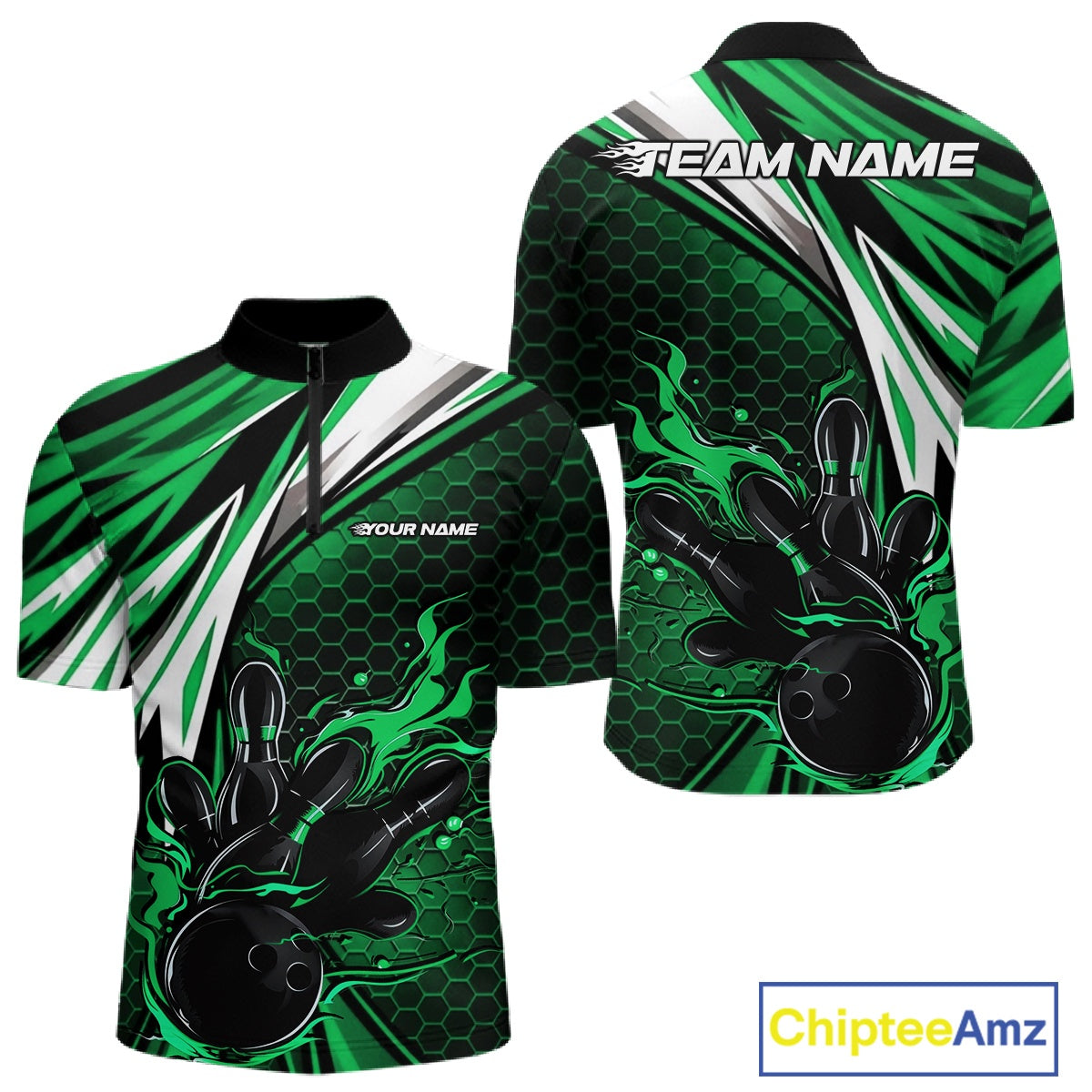 Custom Green Flame Bowling Jerseys For Men, Hexagon Bowling Team Tournament Shirt IPHW10558