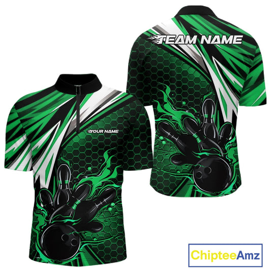 Custom Green Flame Bowling Jerseys For Men, Hexagon Bowling Team Tournament Shirt IPHW10558