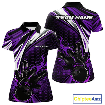 Custom Purple Flame Bowling Jerseys For Women, Hexagon Bowling Team Tournament Shirt IPHW10559
