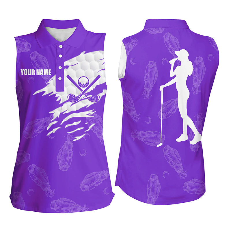 Womens sleeveless polo shirts custom name golf clubs pattern shirt for ladies | Purple NQS7536