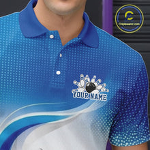 Load image into Gallery viewer, Detailed left chest view of a white and blue bowling polo shirt featuring abstract wave motifs and a glossy bowling action graphic