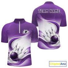 Load image into Gallery viewer, Front and back mockup of a mens white and purple bowling quarter-zip showcasing curved wave designs and a bowling ball striking pins