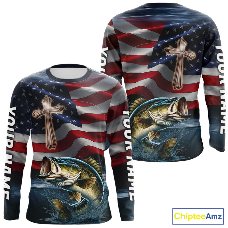 Custom American Flag Cross Faith Largemouth Bass Long Sleeve Tournament Fishing Shirt IPHW9201