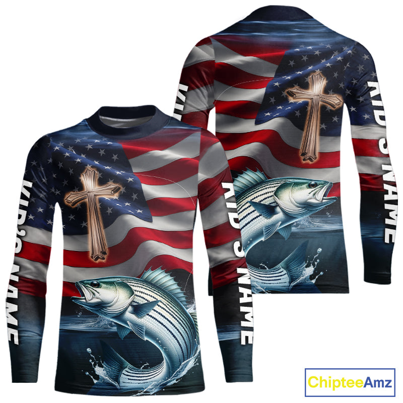 Custom American Flag Cross Faith Striped Bass Kid Long Sleeve Tournament Fishing Shirt IPHW9202