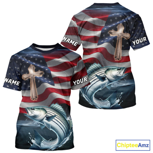 Custom American Flag Cross Faith Striped Bass Tournament Fishing T-Shirt IPHW9202