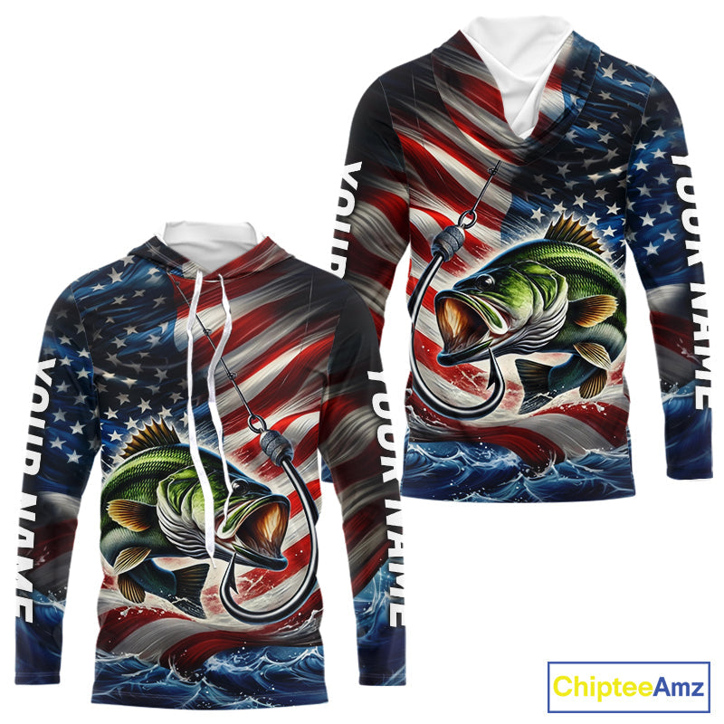 Custom Patriotic Largemouth Bass Long Sleeve Hooded Fishing Shirts, US Flag Fish Hook Bass Jerseys IPHW9207