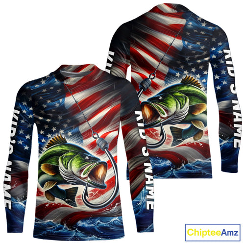 Custom Patriotic Largemouth Bass Kid Long Sleeve Fishing Shirts, US Flag Fish Hook Bass Jerseys IPHW9207