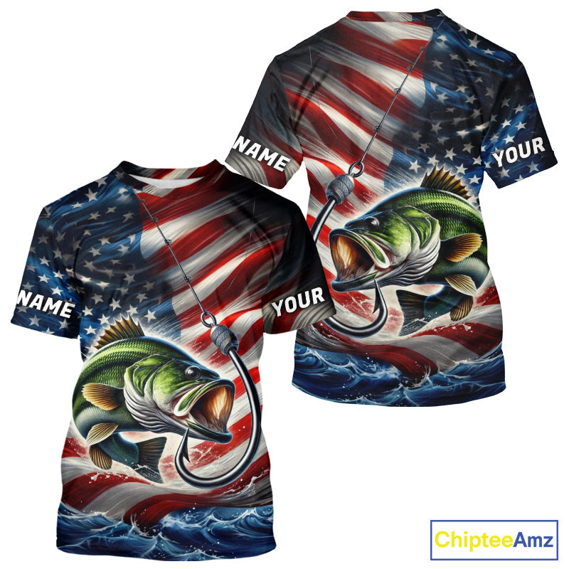 Custom Patriotic Largemouth Bass Fishing T-Shirts, US Flag Fish Hook Bass Jerseys IPHW9207