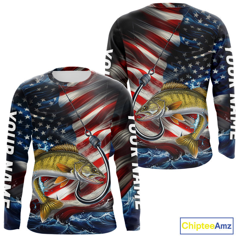Custom Patriotic Walleye Long Sleeve Fishing Shirts, US Flag Fish Hook Walleye Jerseys IPHW9208