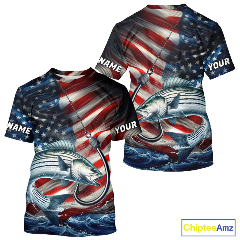Custom Patriotic Striped Bass Fishing T-Shirts, US Flag Fish Hook Striper Jerseys IPHW9209