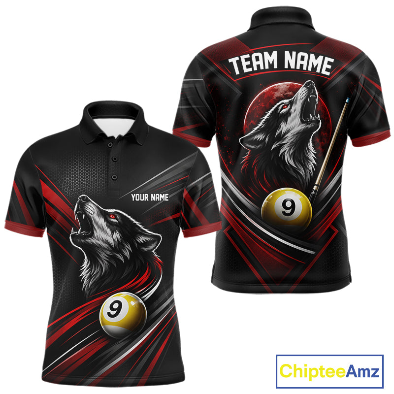 Custom Black And Red Wolf 9 Ball Billiards Men Polo Shirt, Billiards Team Jersey IPHW11672