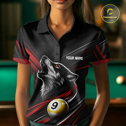 Custom Black And Red Wolf 9 Ball Billiards Women Polo Shirt, Billiards Team Jersey IPHW11672