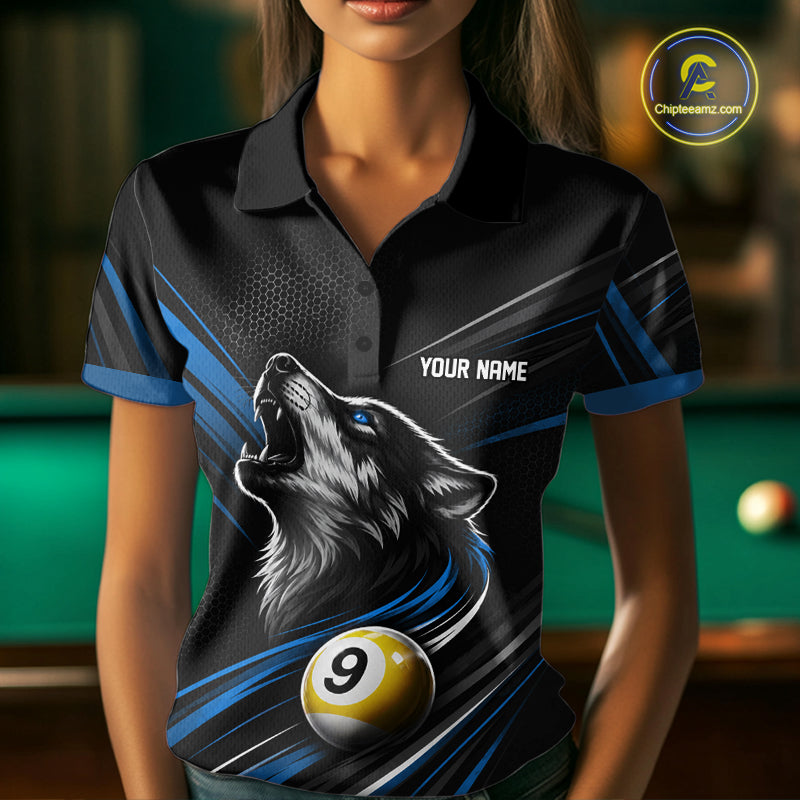 Custom Black And Blue Wolf 9 Ball Billiards Women Polo Shirt, Billiards Team Jersey IPHW11673