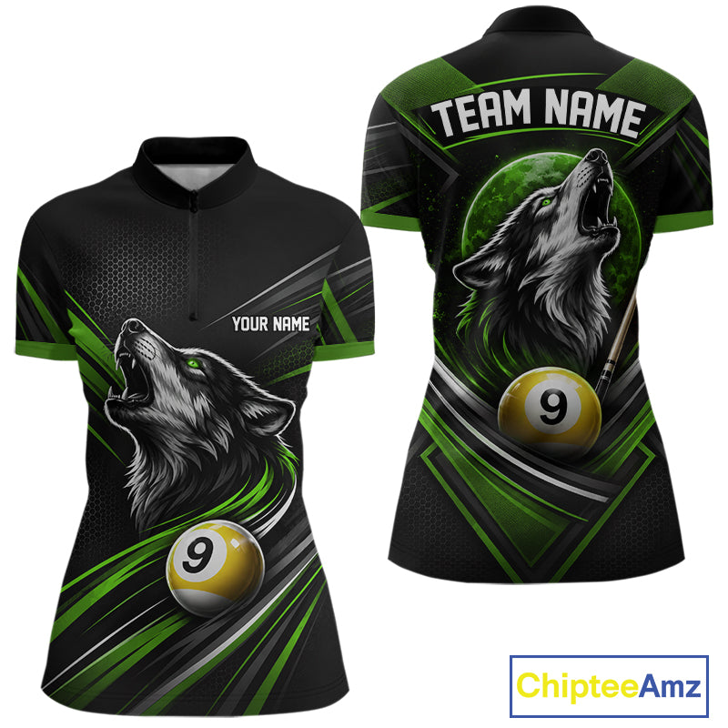 Custom Black And Green Wolf 9 Ball Billiards Women Quarter-Zip Shirt, Billiards Jersey IPHW11674