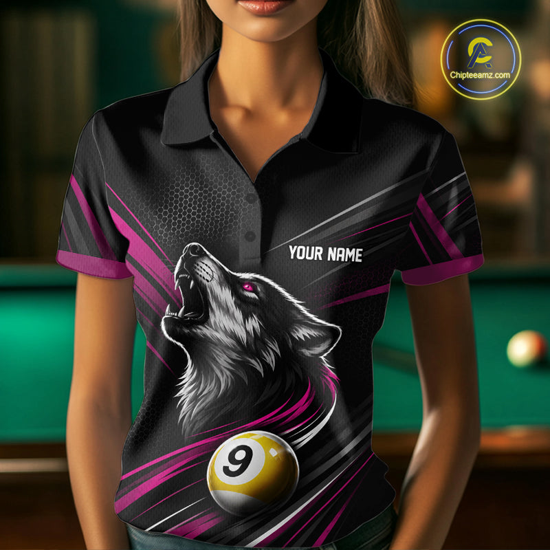 Custom Black And Pink Wolf 9 Ball Billiards Women Polo Shirt, Billiards Team Jersey IPHW11675
