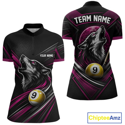 Custom Black And Pink Wolf 9 Ball Billiards Women Quarter-Zip Shirt, Billiards Jersey IPHW11675