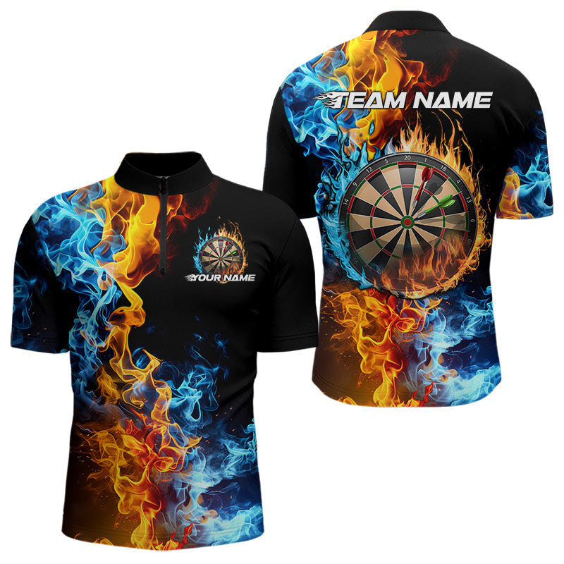 Custom Blue And Orange Flame Dart Quarter-Zip Shirts For Men, Fire Dart Jerseys Dart Team Shirt IPHW8492