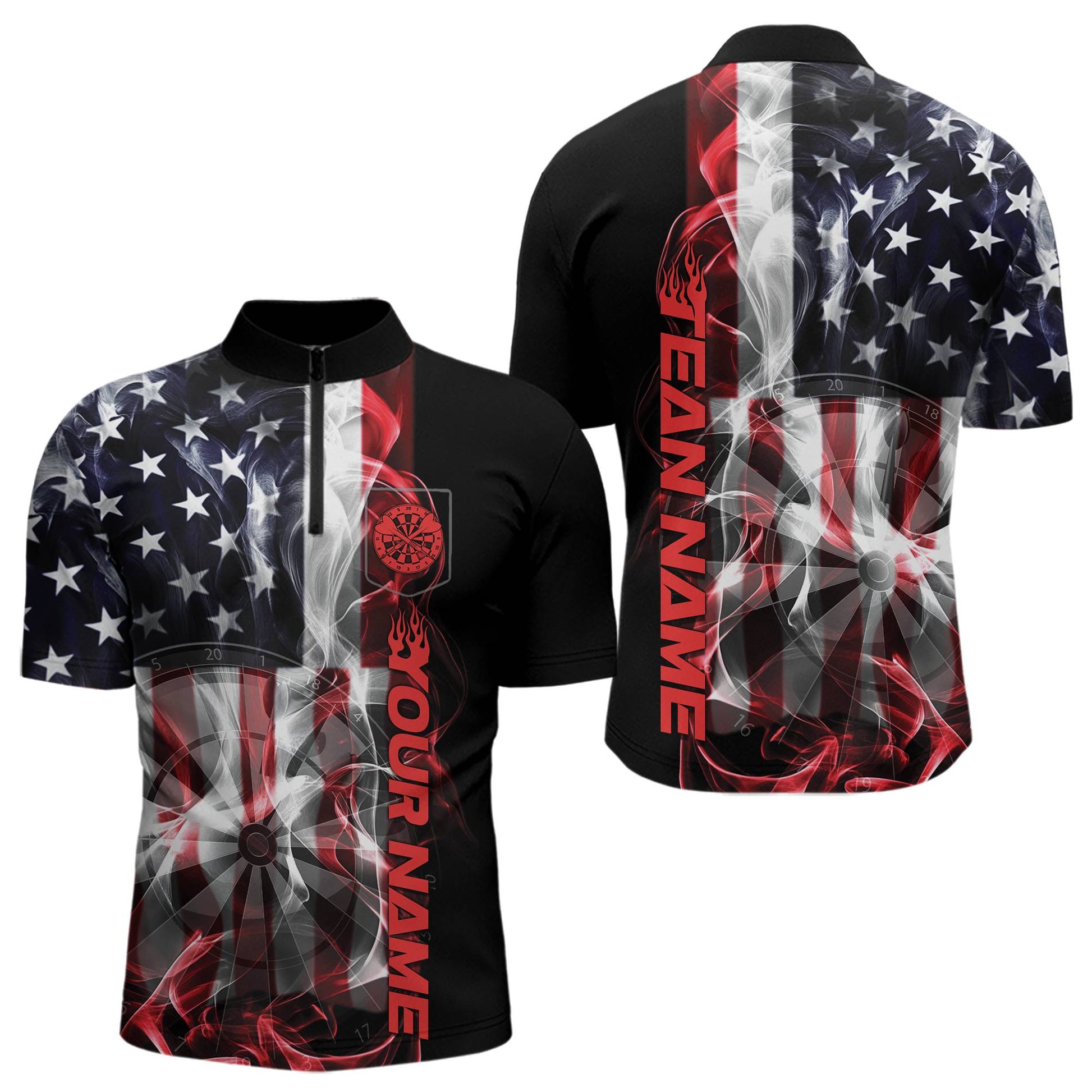 Black and red dart quarter zip shirt featuring American flag design and customizable text on a white background