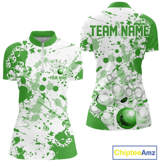 Custom Green Splatter Bowling Team League Shirt For Women, Bowling Jerseys Bowler Outfit IPHW10594