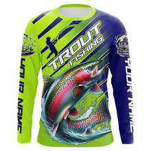 Load image into Gallery viewer, Rainbow Trout Custom Long Sleeve Fishing Shirts, Trout Fly Fishing Jerseys | Green And Blue IPHW6210