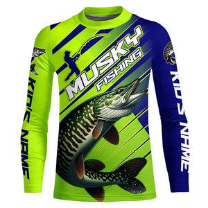 Musky Custom Long Sleeve Tournament Fishing Shirts, Muskie Fishing Jerseys | Green And Blue IPHW6211
