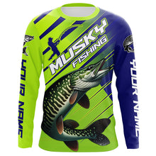 Load image into Gallery viewer, Musky Custom Long Sleeve Tournament Fishing Shirts, Muskie Fishing Jerseys | Green And Blue IPHW6211