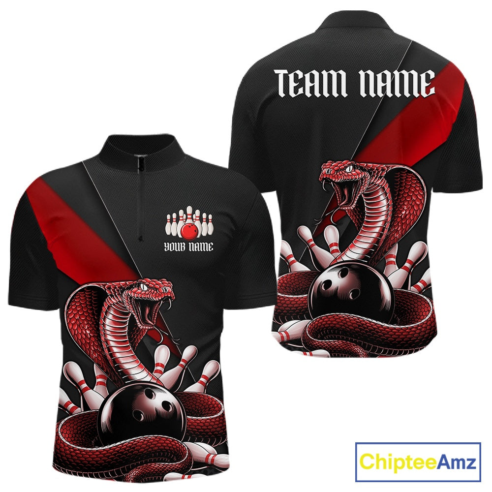 Front and back black mens bowling quarter-zip featuring a red cobra coiled around a bowling ball and scattered pins.