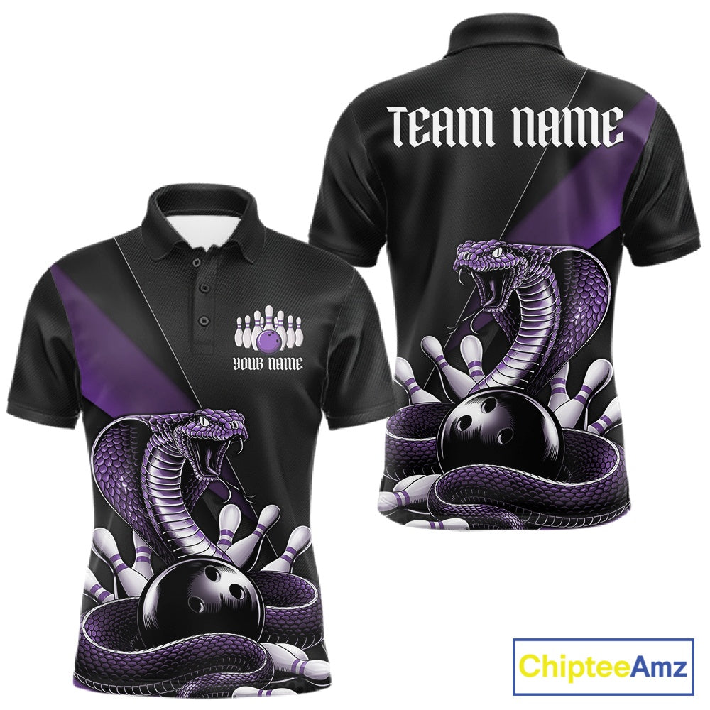 Front and back black mens bowling polo featuring a purple cobra coiled around a bowling ball with scattered bowling pins.